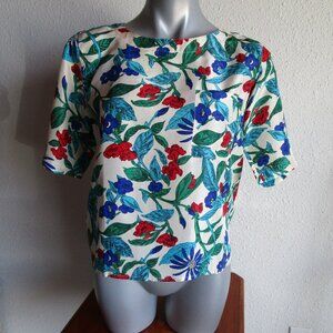 Silk short sleeve blouse colorful floral red, blue, greens. Vtg midcentury.
